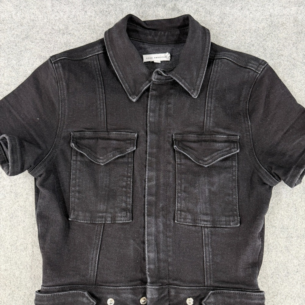 Good‎ American Jumpsuit Women's Size 1 Black Denim Zip Short Sleeve Work Stretch
